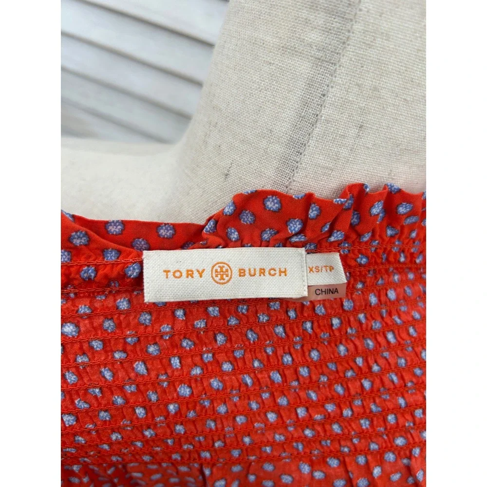 Tory Burch Off the Shoulder Dress Size XS Orange Polka Dot Shirred Ruched Ruffle